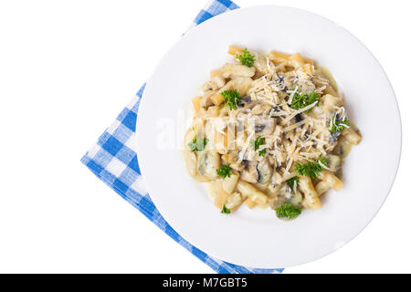 Pasta con champignon e formaggio, salsa bianca Foto Stock