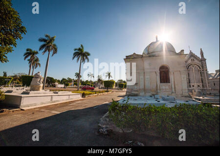 Sole luminoso su un mausoleo storico e palme presso il Cimitero di Colón a l'Avana, Cuba Foto Stock