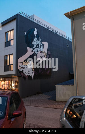 Graffiti per le strade di Reykjavik, la città capitale di Islanda in inverno Foto Stock