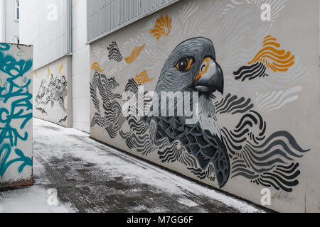 Graffiti per le strade di Reykjavik, la città capitale di Islanda in inverno Foto Stock