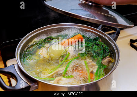 Gli ingredienti per la preparazione di pollo Brodo di osso in una pentola - pollo, cipolla, sedano radice, carote, prezzemolo Foto Stock