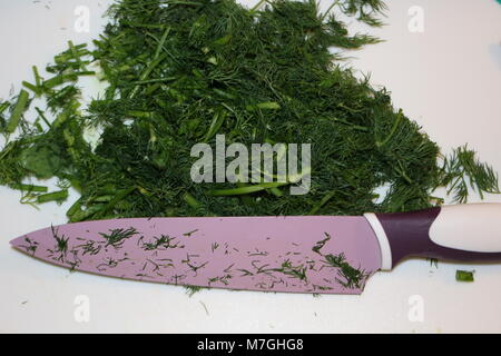 Fresh cut aneto isolati su nice background. aneto è il comune gustoso ingrediente in dill pickles. Questa erba è una grande aggiunta a insalate e altri Foto Stock