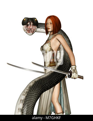 Femmina con guerriero serpente giganti isolati su sfondo bianco,3d rendering fantasy orrore per la copertina del libro o illustrazione del libro Foto Stock