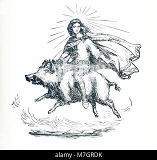 La Norse Freyr (anche ortografato Freye e Frey) era il fratello di Freyja la dea della fertilità, l amore e il matrimonio e la luce e la pace. Freyr era associato con l'agricoltura, il clima e la fertilità. Freyr era anche associato con i cavalli. Questa illustrazione risale a circa 1898 e mostra Freyr equitazione il cinghiale Gullinbursti (Oro Mane o setole D'Oro). Foto Stock