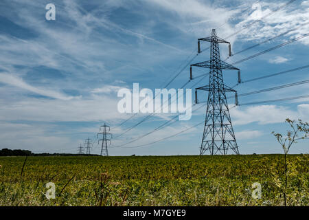 Elettricità tralicci marciando attraverso la campagna del Hertfordshire, Regno Unito Foto Stock