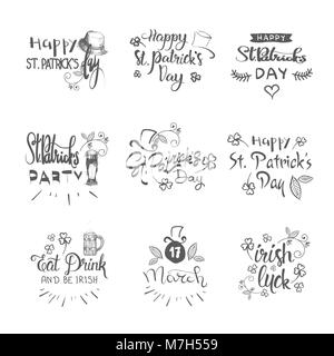 Disegnata a mano scritte per Felice Saint Patrick s Day, vacanza irlandese Set di adesivi Illustrazione Vettoriale