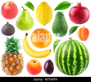 Raccolta isolati di frutta fresca. Mela, pera, limone, arancio, banana, ananas, fig, pesche, prugne, avocado, melograno, albicocca e anguria wit Foto Stock