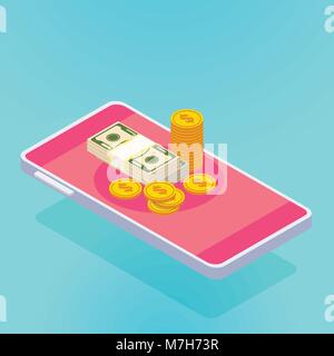 Smartphone isometrica con denaro rosa Illustrazione Vettoriale