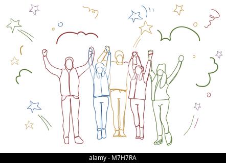 Successo del gruppo di persone che si tengono le mani alzate Happy Business Team colorato Doodle sagome Illustrazione Vettoriale