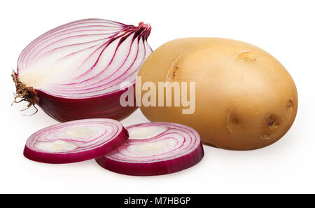 Semi di fresco con la buccia di cipolla rossa con due pezzi tritato e le patate e isolato su sfondo bianco Foto Stock