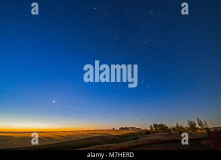 Egli inverno stelle e costellazioni all'alba da Alberta, Canada. Foto Stock