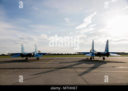 Due Ukrainian Air Force Su-27 Flankers sull'asfalto. Foto Stock