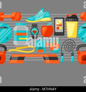 Sport e stile di vita sano seamless pattern con icone di fitness. Immagine può essere utilizzata su opuscoli pubblicitari, banner, flayers Illustrazione Vettoriale