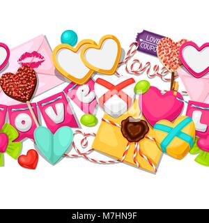 Seamless pattern con cuori, oggetti, decorazioni. Sfondo può essere usato per il giorno di San Valentino e nozze Illustrazione Vettoriale