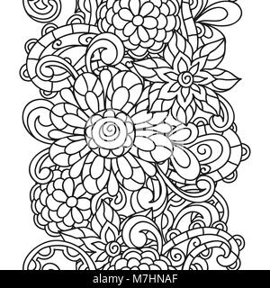 Seamless pattern della natura con la linea di fiori per la colorazione degli adulti Stampa pagina e disegno Illustrazione Vettoriale