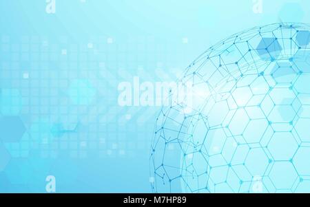 Rete globale con mappa del mondo e punto di linee e triangoli, punto collegamento rete su sfondo blu. Illustrazione Vettore Illustrazione Vettoriale