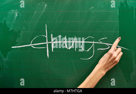 La mano destra di una ragazza adolescente di scrittura protesta del farmaco sulla scuola verde sullo sfondo della scheda Foto Stock