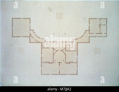 Un dettagliato piano di una casa caratterizzata da due ali avanzate e trattini curvi, che mostrano un design architettonico unico dei primi del XX secolo. Foto Stock