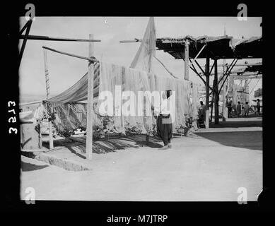 Un pescatore che asciuga le reti a Sidone, Siria, catturando una scena tradizionale dalla regione costiera, con vedute di Tiro, Tripoli e dello storico Krak de Chevalier. Foto Stock