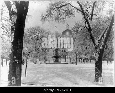 Il Boston Common, coperto di neve, è catturato in questa tranquilla scena invernale, che riflette il ruolo del parco pubblico nella vita sociale e culturale della città durante l'inverno. Foto Stock
