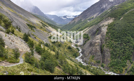 Vedute lungo la Valle Asencio sulla base Las Torres escursione, Parco Nazionale Torres del Paine, Patagonia, Cile Foto Stock