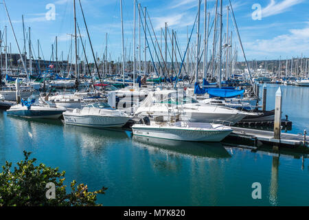 SAN DIEGO, CALIFORNIA, STATI UNITI D'AMERICA - Yacht ormeggiati a Shelter Island nel bacino di yacht. Foto Stock