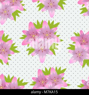 Seamless texture floreali con gigli di lilla su un substrato con un pattern a punti. Illustrazione Vettoriale. Illustrazione Vettoriale