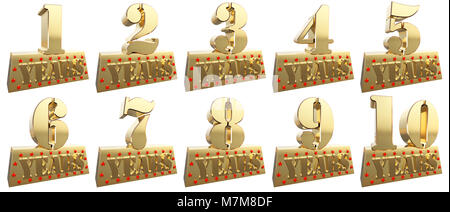 Set di golden cifre su un lingotto d'oro per l'anniversario. 3d illustrazione Foto Stock