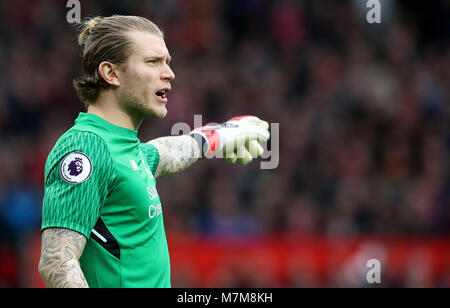 Il portiere di Liverpool Loris Karius durante la partita della Premier League a Old Trafford, Manchester. PREMERE ASSOCIAZIONE foto. Data immagine: Sabato 10 marzo 2018. Vedi PA storia CALCIO uomo Utd. Il credito fotografico dovrebbe essere: Martin Rickett/PA Wire. RESTRIZIONI: Nessun utilizzo con audio, video, dati, elenchi di apparecchi, logo di club/campionato o servizi "live" non autorizzati. L'uso in-match online è limitato a 75 immagini, senza emulazione video. Nessun utilizzo nelle scommesse, nei giochi o nelle pubblicazioni di singoli club/campionati/giocatori. Foto Stock