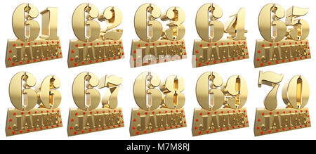 Set di golden cifre su un lingotto d'oro per l'anniversario. Traduzione dal tedesco - anni. 3d illustrazione Foto Stock
