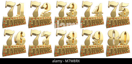 Set di golden cifre su un lingotto d'oro per l'anniversario. Traduzione dal tedesco - anni. 3d illustrazione Foto Stock