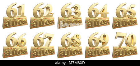 Set di golden cifre su un lingotto d'oro per l'anniversario. Traduzione dallo spagnolo - anni. 3d illustrazione Foto Stock