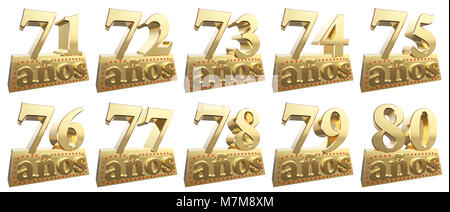 Set di golden cifre su un lingotto d'oro per l'anniversario. Traduzione dallo spagnolo - anni. 3d illustrazione Foto Stock