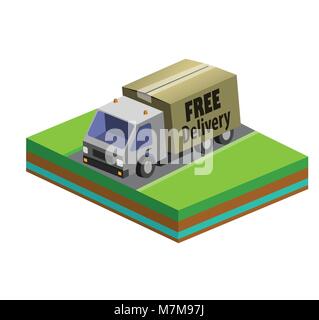 Consegna carrello con una scatola. 3D piatta vettore veicolo isometrica. Illustrazione Vettoriale