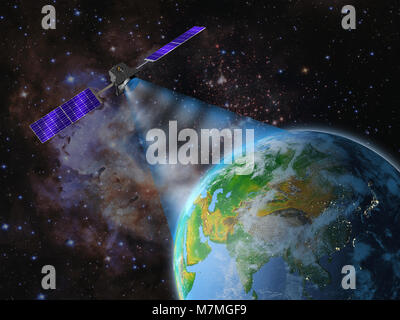 Satellite trasmette un segnale per la messa a terra. Il rendering 3d. Gli elementi di questa immagine sono arredate dalla NASA. Foto Stock