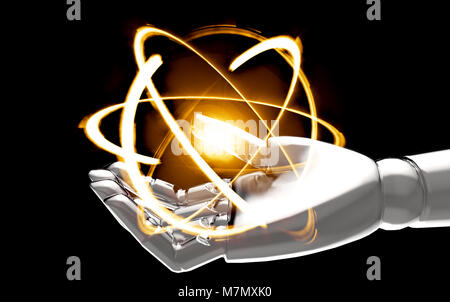 Quantum computer technology , iot e intelligenza artificiale concetto. 3D rendering di industria di robot mano che tiene la scienza giallo luminoso atomo cosmico Foto Stock