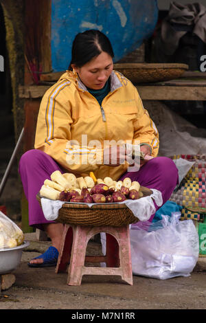 Una donna vendita di tapioca e patate dolci conta il suo denaro in tinta, Vietnam. Foto Stock