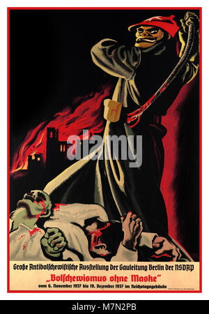 1937 Vintage pre WW2 tedesco anti-bolscevico propaganda nazista poster. La didascalia tradotta: 'bolscevismo senza una maschera' - prodotta per una grande anti-esposizione bolscevica del NSDAP Gauleitung Berlino dal 6 novembre 1937 al 19 dicembre 1937 nell'Edificio del Reichstag a Berlino Germania Foto Stock