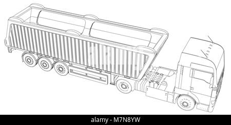 Semi-rimorchio camion schizzo isolati su sfondo bianco. 3 assi camion con rimorchio. Illustrazione di tastatura di 3d. EPS 10 formato vettoriale. Illustrazione Vettoriale