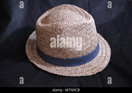Paglia intrecciata colmato trilby hat con banda blu Foto Stock