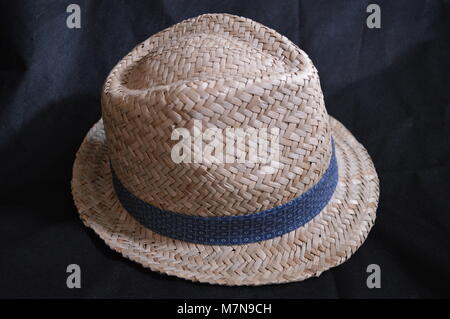 Paglia intrecciata colmato trilby hat con banda blu Foto Stock