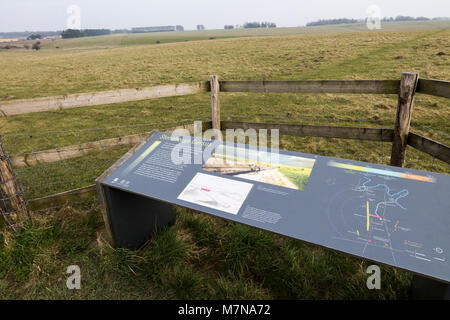 Il pannello delle informazioni circa le 5.500 anni Stonehenge Cursus, Wiltshire, Inghilterra, Regno Unito cursus in estrema angolo superiore sinistro Foto Stock