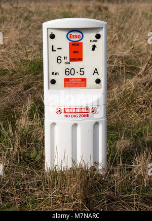 In prossimità di esso gas pipeline sotto sorveglianza avviso di marcatore di no dig zona, Salisbury Plain, Wiltshire, Inghilterra, Regno Unito Foto Stock