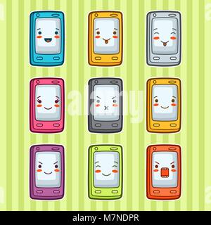 Kawaii doodle telefoni cellulari set. Illustrazione dei gadget con varie espressioni facciali Illustrazione Vettoriale