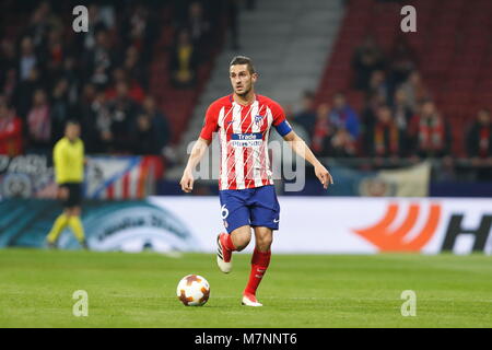 Madrid, Spagna. 8 Mar, 2018. Koke (Atletico) Calcio/Calcetto : UEFA Europa League Round di 16 1a gamba match tra Club Atletico de Madrid 3-0 FC Lokomotiv Moskva al Estadio metropolitano di Madrid in Spagna . Credito: Mutsu Kawamori/AFLO/Alamy Live News Foto Stock