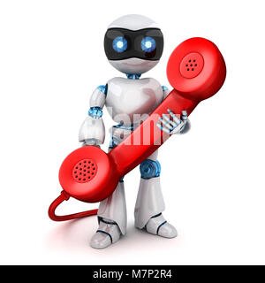Robot bianco e vecchio telefono rosso. 3d illustrazione Foto Stock