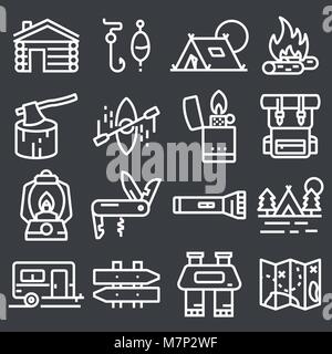 Set di attrezzature per il campeggio i simboli e le icone su sfondo grigio Illustrazione Vettoriale