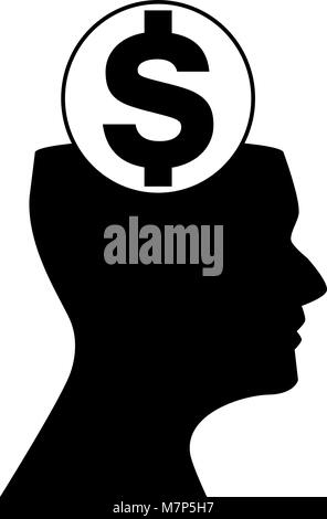 Segno di dollaro all'interno della testa umana isolati su sfondo bianco. Illustrazione Vettoriale, icona, emblema. Illustrazione Vettoriale
