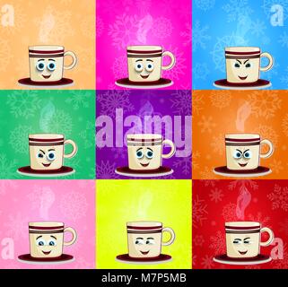 Bella colorata doodle fumanti tazze di caratteri con Cartoon carino si affaccia su sfondo multicolore con fiocchi di neve. Il caffè e il tè caldo. Vector illu Illustrazione Vettoriale