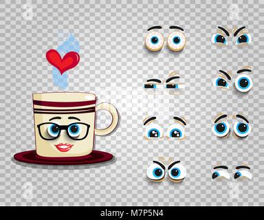 Gli Emoji set di Cartoon carino cup con mutevole occhi collezione. Doodle fumante tazza da caffè con la faccia, bicchieri e di cuore per la creazione con carattere di Illustrazione Vettoriale